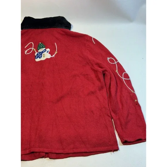 AMBRA HO HO HO SNOWMAN CARDIGAN 2XL CHRISTMAS SWEATER PARTY RED VINTAGE FUR - Picture 9 of 16